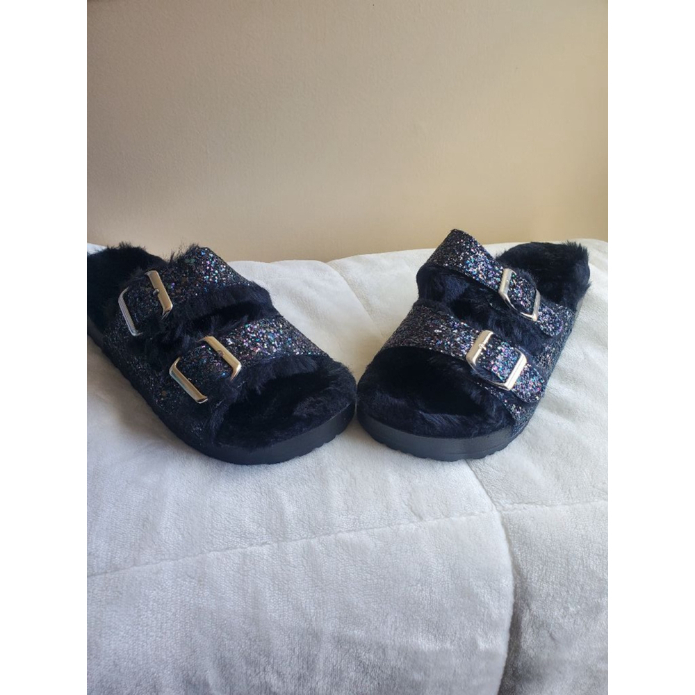 Women's H2K Black Glitter Furry Sandals Size 8